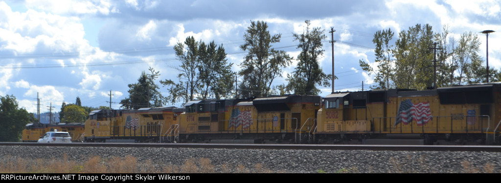 UP 8174, 8774, and 5082 await a crew in Eugene